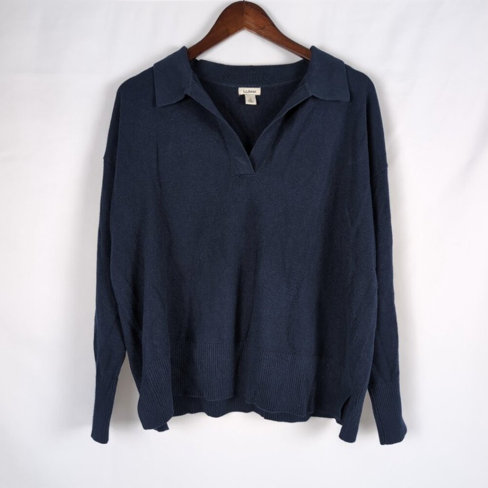 Vintage L.L. Bean Women's Navy Long Sleeve Polo Cropped Cashmere, Large